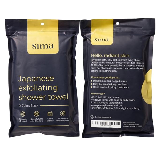 Exfoliating Washcloth Face & Body Scrub Towel - Japanese Exfoliating Towel with Hexagon Fibers, Body Scrubber with 2 Sides for Scrubbing & Washing, Extra Long (Black, 3 Pack)