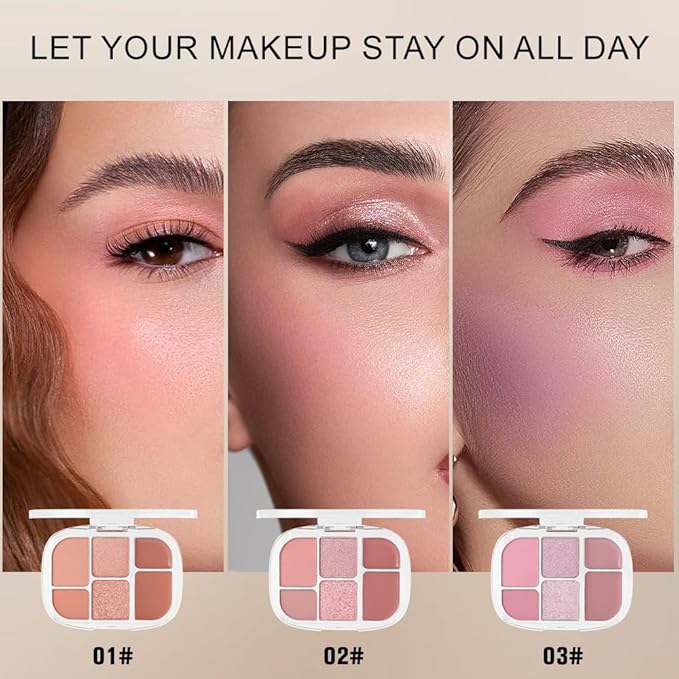 6-in-1 Cream & Powder Makeup Palette for Old Women – Blush, Highlighter & Eyeshadow, Matte & Shimmer Finish, Rose Nude Tones, Travel-Friendly Compact 03