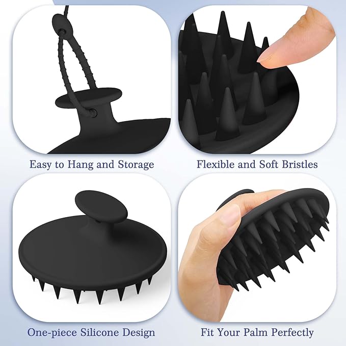 Manmihealth Silicone Hair Scalp Massager & Soft Bath Glove Set 2 PCS, Extra-large Shampoo Scalp Brush with Body & Face Scrubber for All Hair Skin Types with a Free Silicone Strap&Hook Style 1(Black*2)