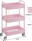 YASONIC 3-Tier Metal Rolling Cart, Heavy Duty Utility Cart with Lockable Wheels, Hanging Cups, Hooks, Mesh Rolling Storage Cart Craft Organizer, Lightweight and Sturdy, Pink