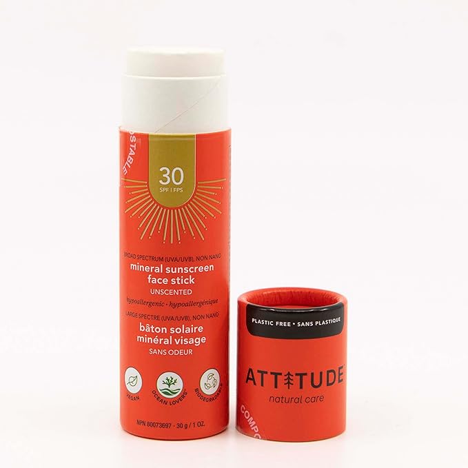 ATTITUDE Sunscreen Stick, Broad Spectrum UVA/UVB, Plant and Mineral-Based Ingredients,Vegan and Cruelty-free Sun Care Products, Face, SPF 30, Unscented, 1 Ounce (16040)