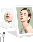 FUNTOUCH Rechargeable Portable Makeup Mirror with 72 LED Lights, Travel Lighted 1X/5X Magnification, 3 Color Lighting,Dimmable Touch Screen, Tabletop Folding Cosmetic Lights