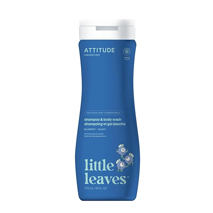 ATTITUDE Shampoo and Body Wash for Kids, EWG Verified Hair and Body Cleanser, Dermatologically Tested Soap, Plant and Mineral Based Bath Products, Vegan, Blueberry, 16 Fl Oz