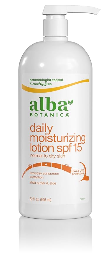 Alba Botanica Daily Moisturizing Lotion SPF 15, Normal to Dry Skin, with Shea Butter and Aloe, 32 Oz (Packaging May Vary)