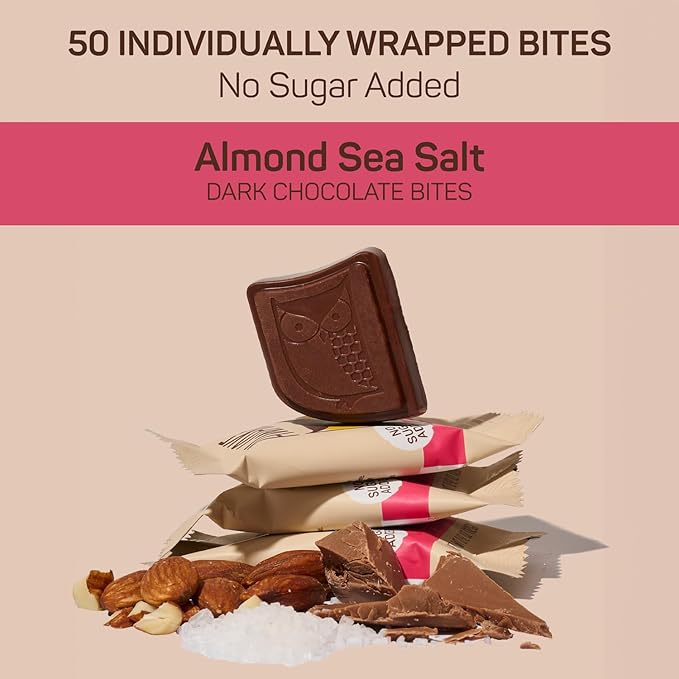 AWAKE - Caffeinated Chocolate Bites - Almond Sea Salt Dark Chocolate (No Sugar Added), 50 Bites - 50mg Caffeine - Energy Bites - Coffee Alternative - Fairtrade, Gluten Free, Non GMO - 0.48oz