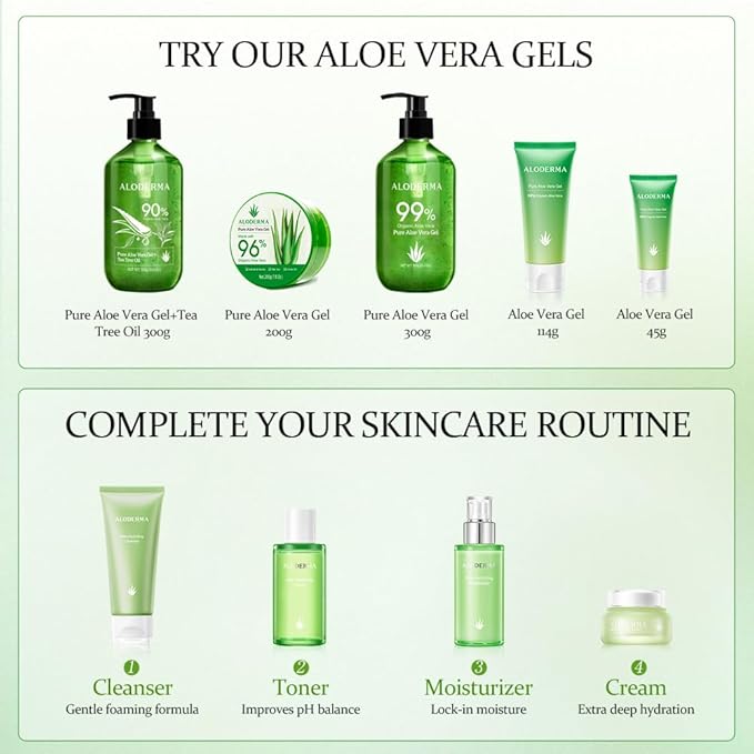 Aloderma 99% Organic Aloe Vera Gel Made within 12 Hours of Harvest - Pump Bottle - Lightweight Aloe Gel for Face and Body, Soothing and Hydrating Sunburn Relief, Great for Scalp & Hair - 6 x 10.6oz