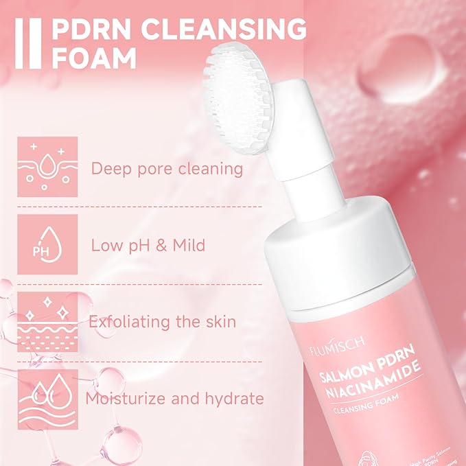 Salmon DNA PDRN Facial Cleanser | Low pH Hydrating Daily Foaming Face Wash with Soft Massage Heads | PDRN, Collagen & LHA | Gentle Pore Care & Radiant, Balanced-Looking Skin