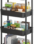 Sywhitta 4-Tier Plastic Rolling Utility Cart with Handle, Multi-Functional Storage Trolley for Office, Living Room, Kitchen, Movable Storage Organizer with Wheels, Black