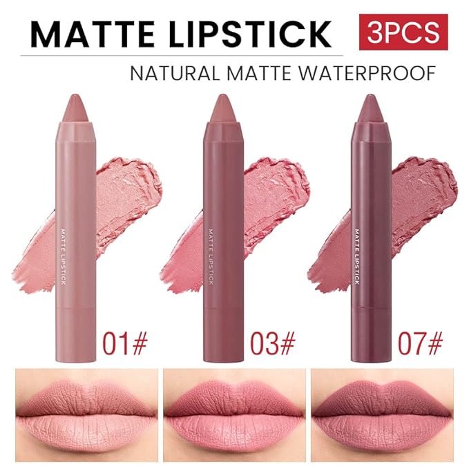 BINGBRUSH Crayon Matte Longwear Lipstick Pack Set,Moisture Smooth Color Stick Ultimate Lip Crayon for Makeup Collection - Waterproof Velvet Lipgloss (3pcs 01#&03#&07#, 3 Count (Pack of 1))