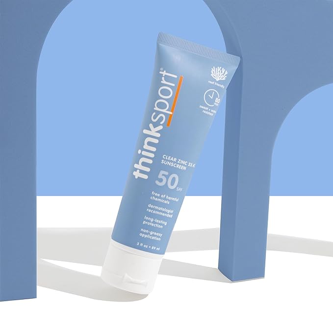 Thinksport Mineral Sunscreen, SPF 50 Clear Zinc Oxide Sunscreen, 3 Fl Oz, Natural, Water Resistant, Reef Safe, Broad Spectrum UVA/UVB Sun Screen for Sun Protection, Travel Size