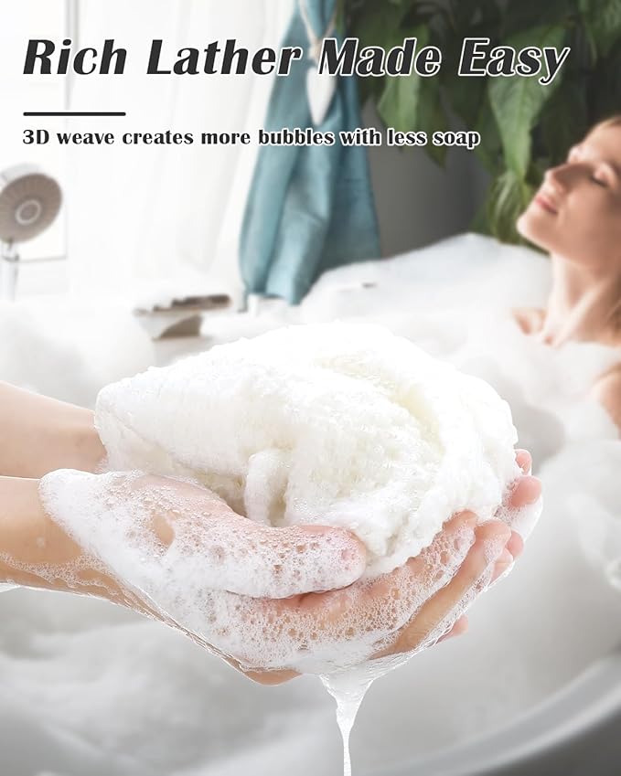 3D Wave Weave Japanese Exfoliating Washcloth, Long Exfoliating Back Scrubber for Shower, Gentle Body Scrub Towel, Korean Style, Cloud (Soft)
