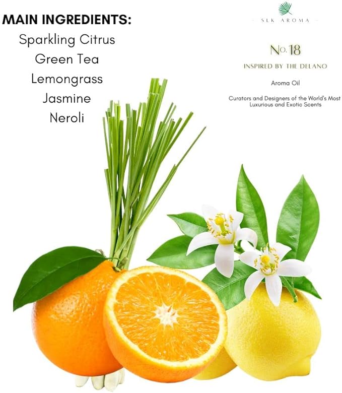 No. 18 (Delano), Ultra Luxury Hotel Scented Aroma Oil for Home Fragrance Diffusers - Waterless, and Ultrasonic - Niche Blend of Essential Oils - Sparkling Citrus, Green Tea, Lemongrass.