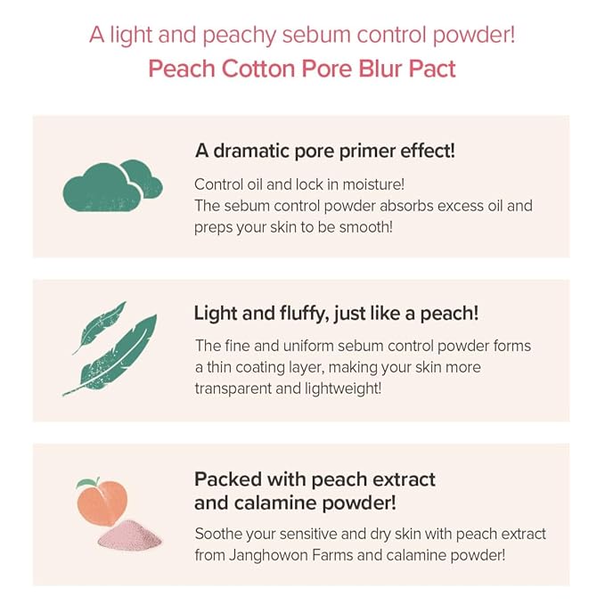 SKINFOOD Peach Cotton Pore Blur Pact - Sebum Control Pack with Silky Texture - Long Lasting Makeup Fixing - Pore Primer with Mineral Powder for Oily Skin - Stocking Stuffers - Pore Quick Minimizer