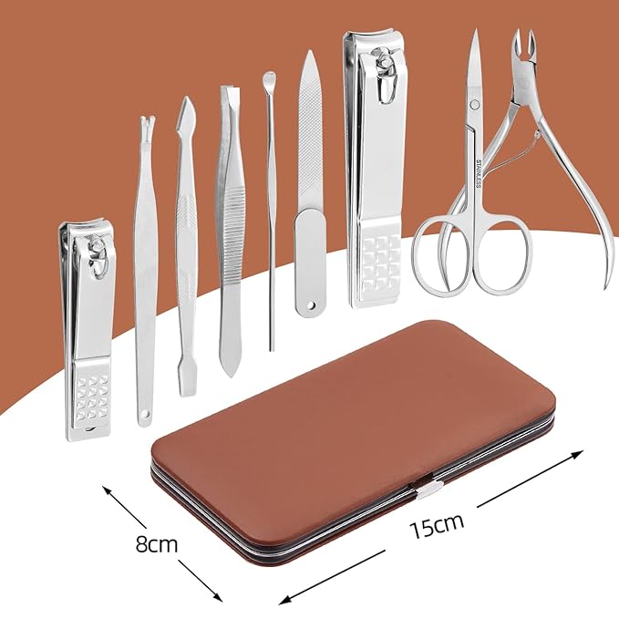 Manicure Set, FAMILIFE Professional Manicure Kit Nail Kit Mens Grooming Tools Pedicure Tool 9PCS Gifts for Men Boyfriend Stainless Steel Nail Clipper Set Leather Case Brown