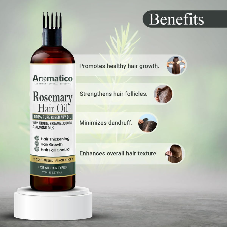 100% Pure Rosemary Oil for Hair Growth, Hair-fall Control & Hair Thickening. Enriched with Sesame, Jojoba & Almond Oils. Non-Sticky Texture. With Applicator Cap - 7 Fl Oz