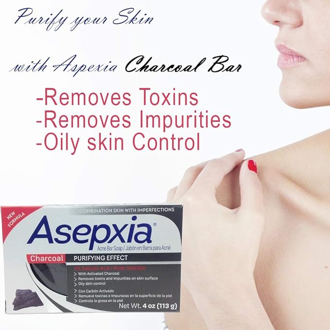 Asepxia Charcoal Cleansing Bar Soap. For Acne and Blackheads. Removes Impurities and Toxins. Helps Oily Skin. With Salycilic Acid. 4 Oz. Pack of 3