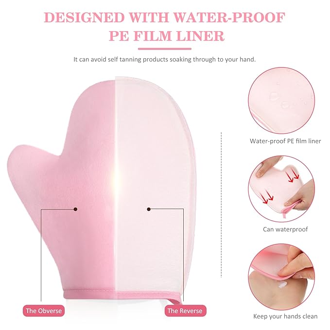 SATINIOR 4 Packs Self Tanning Mitt Applicators Double Sided Sunless Tanning Mittens Reusable Applicator Mittens Tanner Gloves with Thumb(Pink)