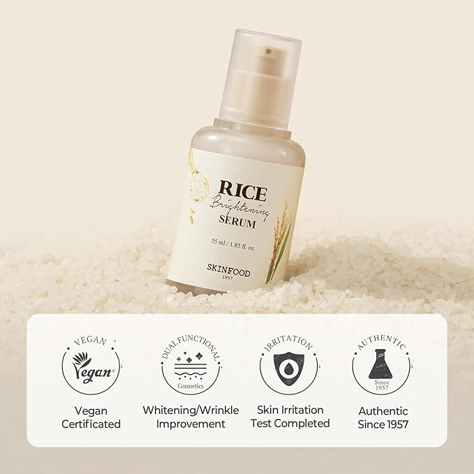 SKINFOOD Rice Serum, 48 Hours Fermented Rice Water Skincare Korean Serum for Face, Korean Rice Skincare for Natural Glow Glass Skin, Pore Minimizer, Rice Water Bright, 55ml/1.86fl.oz.