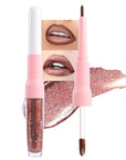 evpct Brown Bronze Metallic Glitter Lip Liner and Lipstick Combo Lip Gloss Stain Set Makeup for Women Long Lasting Waterproof 24, Hot Chocolate Metallic Shimmer Frosted Iridescent Liquid Lipstick 08