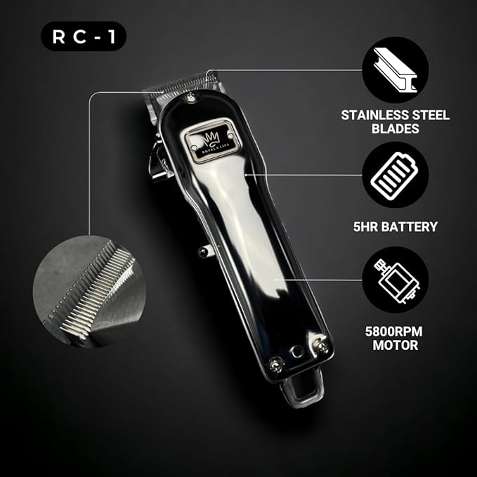 Royal Clips Hair and Beard Fade Kit – Professional Clipper, Trimmer & Foil Shaver Bundle for Men, Complete Haircut Set for Barbers, Home Use & Grooming – 5-Hour Battery, 10pcs Limit Combs, Silver