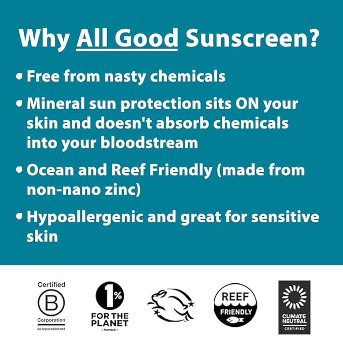 All Good Sport Face & Body Sunscreen - UVA/UVB Broad Spectrum, Water Resistant, Coral Reef Friendly - (2) SPF 50 Butter Sticks & (2) SPF 30 Lotions