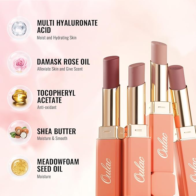 Oulac Beige Lipsticks for Women, Pale Nude Matte Lip Base, Full Coverage Lip Color, Satin Matte Finish, Cream Texture, Hydrating, Infused with Hyaluronic Acid, Vegan & Clean Beauty 4g SG01 Bare