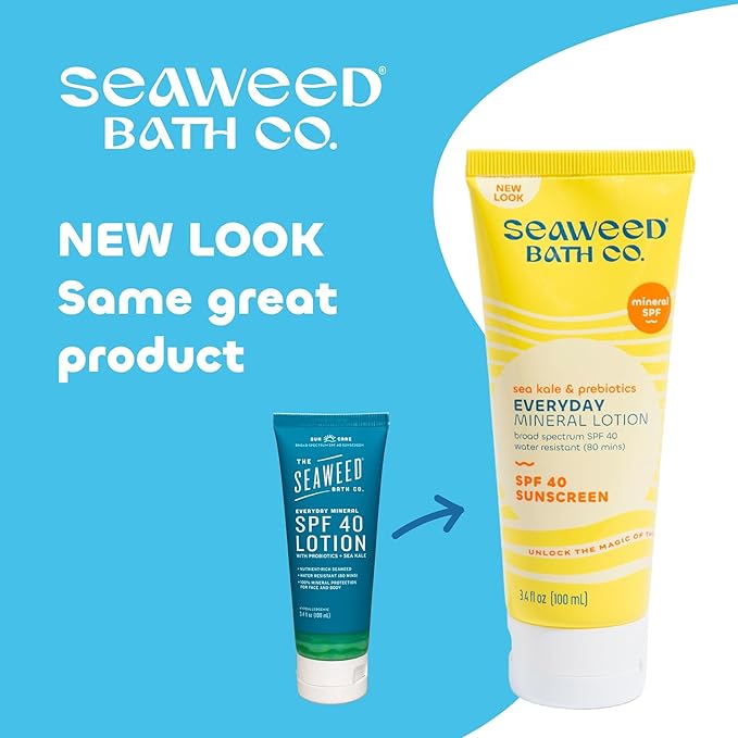 Seaweed Bath Co. Everyday Mineral SPF 40 Broad Spectrum Sunscreen Lotion, 3.4 Ounce, Sustainably Harvested Seaweed, Sea Kale, Prebiotics