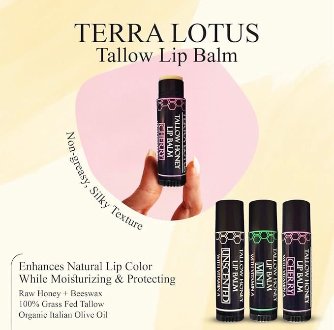 Organic Tallow Lip Balm (5 Pack) - Hydrating With Organic Italian Olive Oil, Pure Grass Fed Tallow, and Beeswax - Long Lasting Lip Therapy (5 Pack, Fresh Mint)