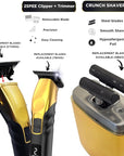 Supreme Trimmer 3-in-1 Barber Bundle | 2Spee Clipper, 2Spee Trimmer & Crunch Foil Shaver | Professional Beard Trimmer Men’s Hair Clipper Kit | (Gold)