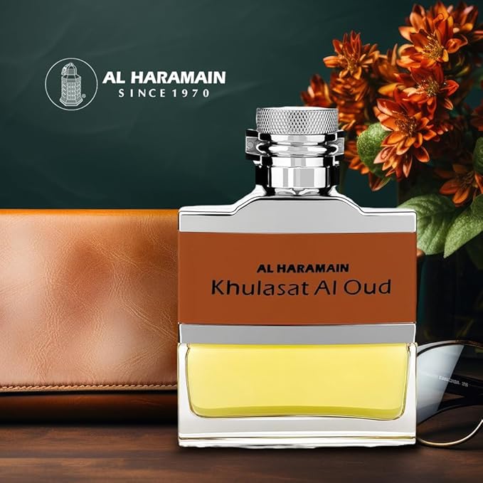 Al Haramain Khulasat Al Oud - Cologne for Men - Long Lasting Arabian Perfume for Men - Eau de Parfum Leather Fragrance with Rose, Amber and Musk- Arabic Perfume - 3.3 oz EDP Spray