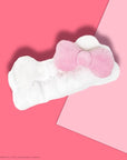 The Crème Shop Plush Spa Headband w/Hello Kitty's Signature Bow, Spa Headband for Washing Face, Skincare Headbands, Soft & Fluffy Headbands for Women (Pink)