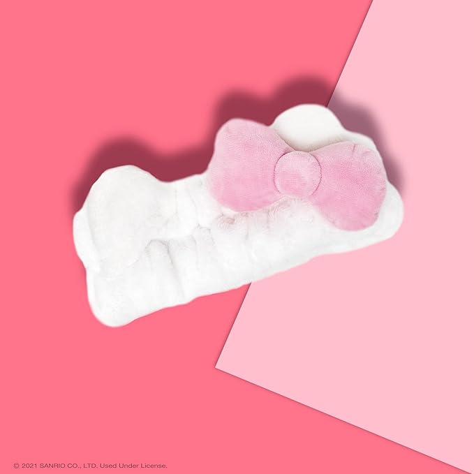 The Crème Shop Plush Spa Headband w/Hello Kitty's Signature Bow, Spa Headband for Washing Face, Skincare Headbands, Soft & Fluffy Headbands for Women (Pink)