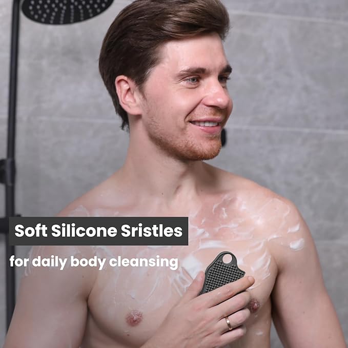Silicone Body Scrubber Silver-Infused Dual-Sided 3-in-1 for Shower, Body Cleaning+Massage+Exfoliator Body Brush Buffer for Men and Women, Silicone Loofah, Non-Slip Handle (Gray)