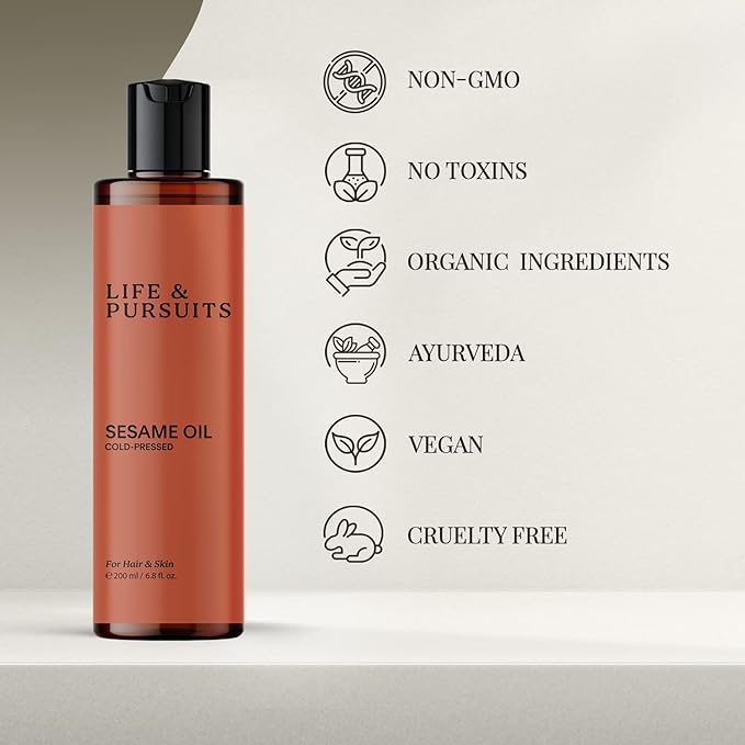 Life & Pursuits Cold-Pressed Sesame Oil Combo (6.76 fl oz) - Unrefined Moisturizer for Healthy Hair and Smooth Skin