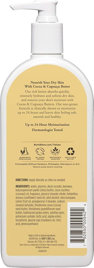 Burts Bees Butter Body Lotion for Dry Skin with Cocoa & Cupuau, 12 Oz (Package May Vary)