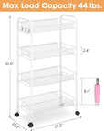 TOOLF 4-Tier Rolling Cart, Metal Utility Cart with 3 Hooks, Easy Assemble Mobile Storage Trolley On Wheels, Metal Shelving Units Kitchen Bathroom Laundry Room