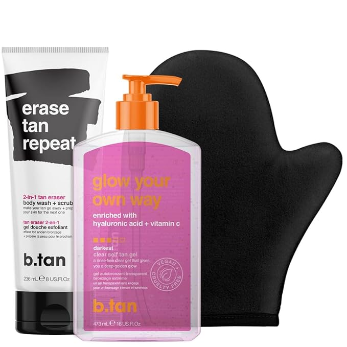 b.tan Clear Self Tanning Gel & Exfoliating Kit | Glow Your Own Way + Erase Tan Repeat Bundle - 1 Hour Express, Transfer-Resistant Dark Fake Tanner, 2-in-1 Exfoliator Scrub & Body Wash with Mitt