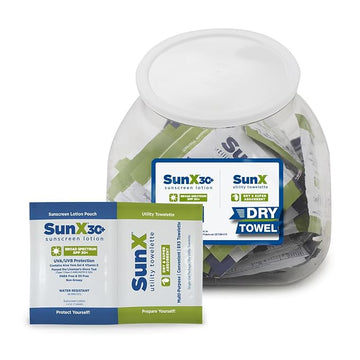 CoreTex Sun X 30+ Broad Spectrum Sunscreen Packets & Dry Towels Duo Kit - Fishbowl Pack of 25 Paraben, Oxybenzone, Octinoxate, & Oil Free Sunscreen - No White Cast & Water Resistant Up to 80 Minutes