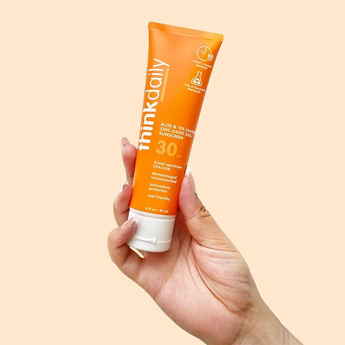 Thinkdaily SPF 30 Mineral Sunscreen with Aloe & Tea Leave, 3 Fl Oz - Safe, Natural, Water Resistant, Broad Spectrum UVA/UVB Zinc Oxide Sun Screen for Sun Protection – Reef Safe Sunscreen