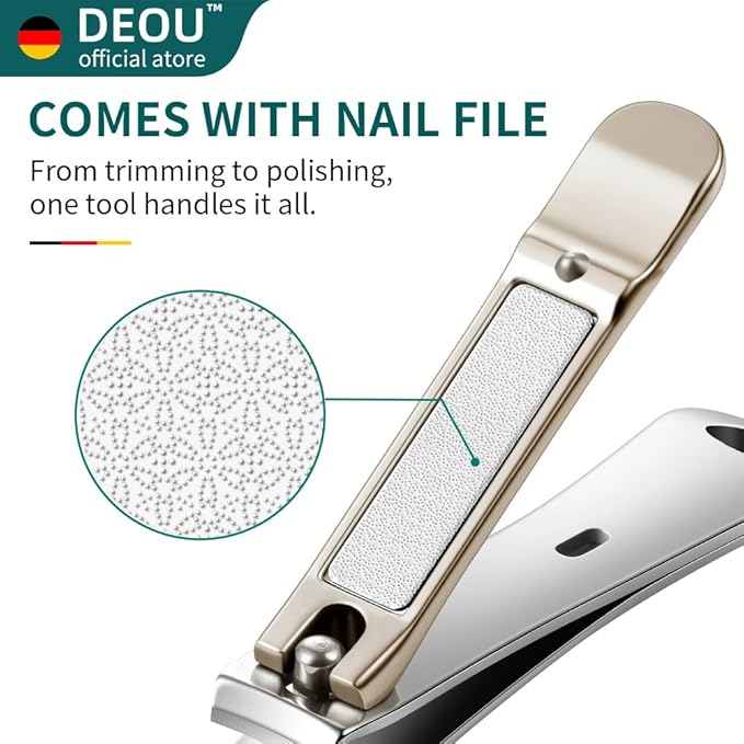 DEOU 3-in-1 Professional Nail Clipper Set - Stainless Steel Large/Medium Flat-Edge Clippers with Built-in Nail File, Champagne-Colored Nail Care Tools, Exquisitely Gift-Packaged for Home & Travel Use