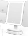 Vanity Mirror with Lights - Rechargeable Lighted Makeup Mirror | 1X/3X/5X Magnification, Smart Touch, 3 Colors Dimmable | Portable Trifold Mirror for Travel for Women and Girls