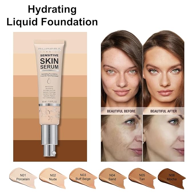 PHOERA Essence Foundation,Hydrating Waterproof and Light Long Lasting (N01 Porcelain)