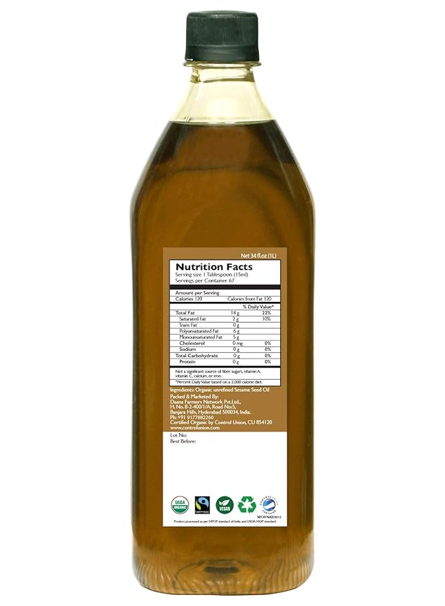 Daana Sesame Oil: CERTIFIED USDA ORGANIC, EXTRA VIRGIN, COLD PRESSED, 34 fl oz