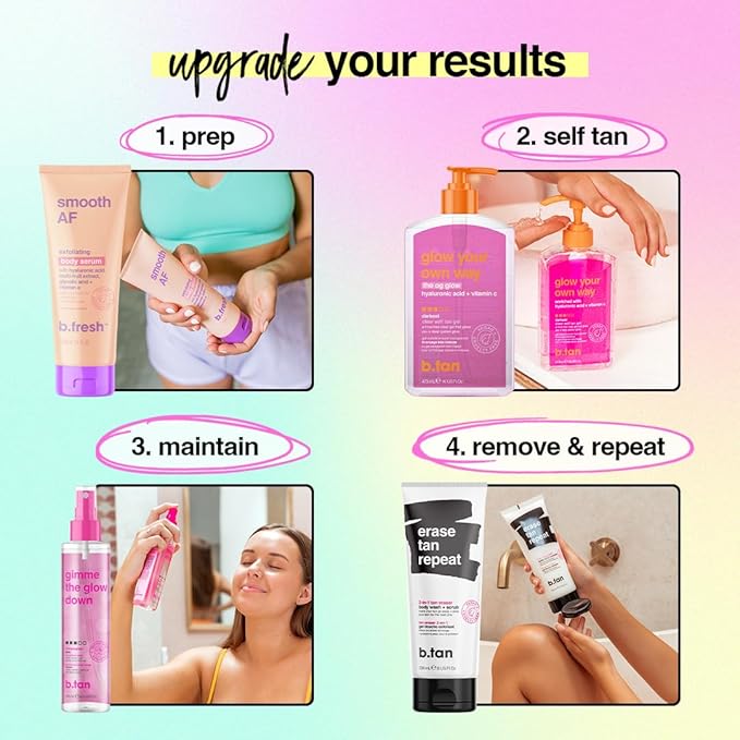 b.tan Best Clear Self Tan Gel & Face Spray Kit | Glow Your Own Way + Mist Bundle - Dark, 1 Hour Express, Transfer-Resistant Fake Tanner Gel with Gradual Tan Facial Mist, with Body Mitt Applicator