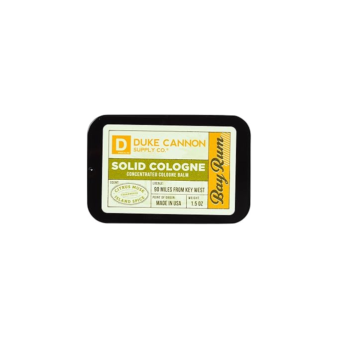 Duke Cannon Supply Co. Solid Cologne for Men Bay Rum (Citrus Musk, Cedarwood, Island Spice) - Concentrated Balm, Travel-Friendly Convenient Tin, 1.5 oz
