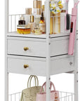 Floor Makeup Organizer with Lockable Wheels & 8 Dividers, 2-Drawer Rolling Skincare Cart for Cosmetics/Perfume/Nail Polish, Mobile Vanity Storage - White (Bathroom/Bedroom Use)