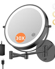 FUNTOUCH 10" 1X/30X Wall Mounted Lighted Makeup Mirror, 4500mAh Rechargeable Double Sided Magnifying Mirror with Adapter, 3 Color Lights,Touch Dimmable, 360 Rotation Extended Arm for Bathroom,Black