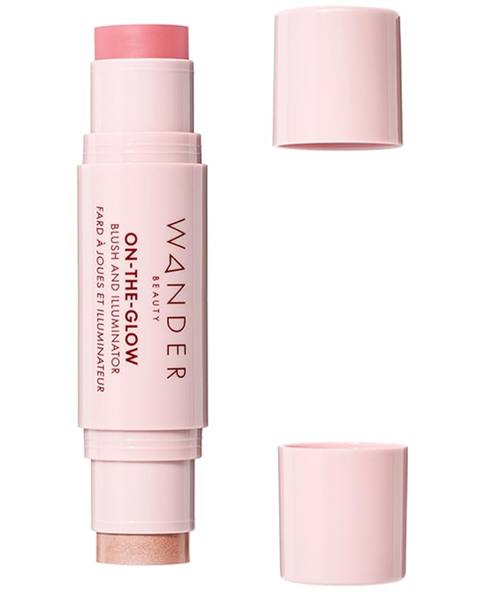 Wander Beauty On-the-Glow Blush and Illuminator - Petal Pink/Nude Glow - 7-in-1 Hydrating Cream Blush & Highlighting Stick - Stick Blush for Cheeks, Lip, & Body - Highlighter Makeup & Blush - 0.4 oz