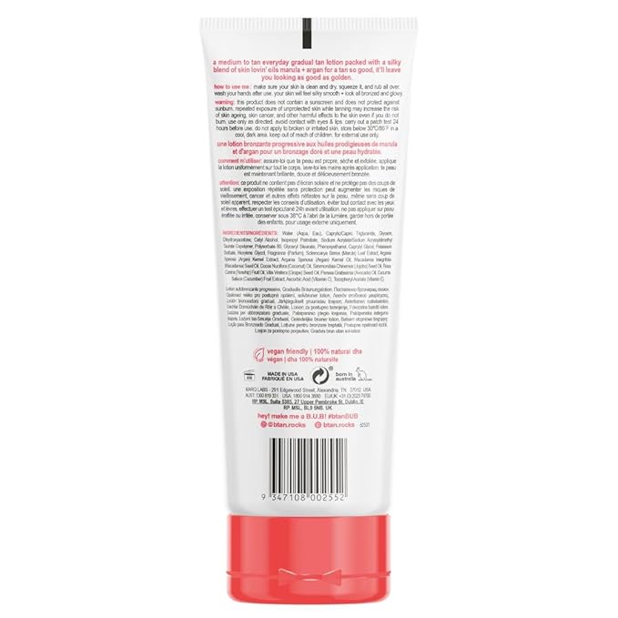 b.tan Medium Gradual Self Tanning Lotion | Just Shut Up and Sun Kiss Me Everyday Glow Lotion - Develop a Bronzed Glow, Infused With Marula + Argan Oil, Vegan, Cruelty & Paraben Free, 236ml