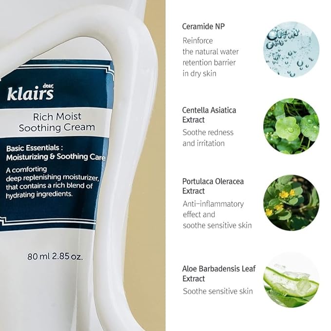 DearKlairs Rich Moist Soothing Cream 80ml, Repair Skin Barrier, Sensitive Skin, Hypoallergenic, Centella Asiatica, Ceremide, Moisturizer, Full Hydration, Non-sticky texture, Korean Moisturizer